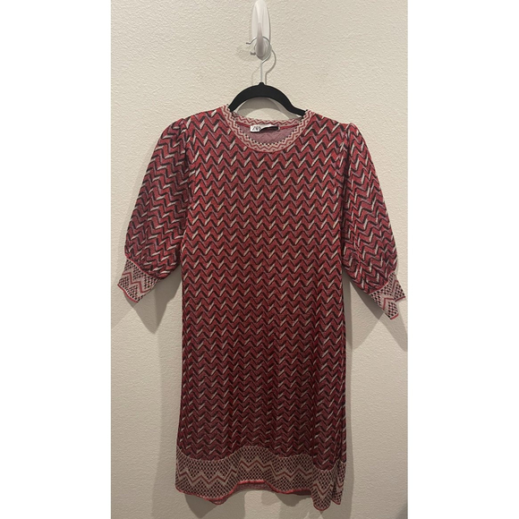 ZARA Zig Zag Knit Mini Red Black Dress - Picture 1 of 5